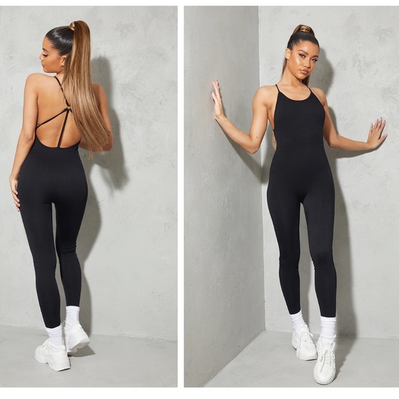 PrettyLittleThing Pants - NWT PrettyLittleThings- Black High Neck Strappy Back Seamless Unitard size M